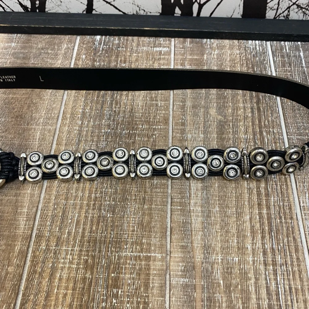 ANTONIAZZI FIRENZE Black Leather Belt Silver Hardware Rhinestones Made in Italy